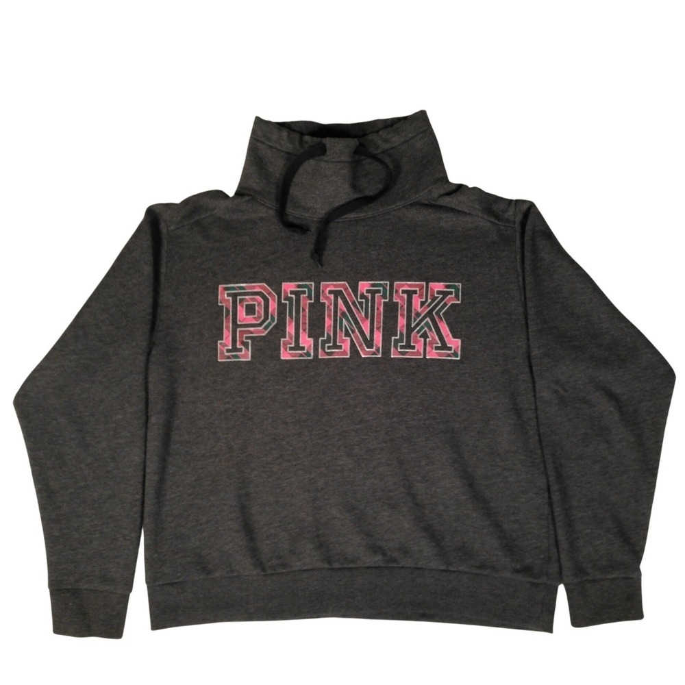 Victoria's Secret PINK Funnel Neck Sweatshirt Gray Plaid Logo Medium